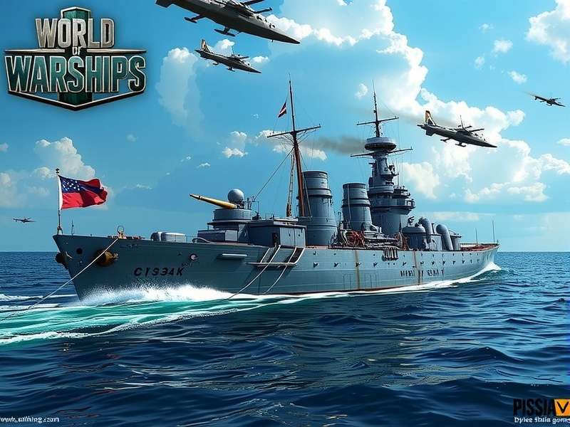 वर्ल्ड ऑफ वॉरशिप्स गेमप्ले का दृश्य जहाँ आयोवा अन्य जहाजों के साथ लड़ रहा है