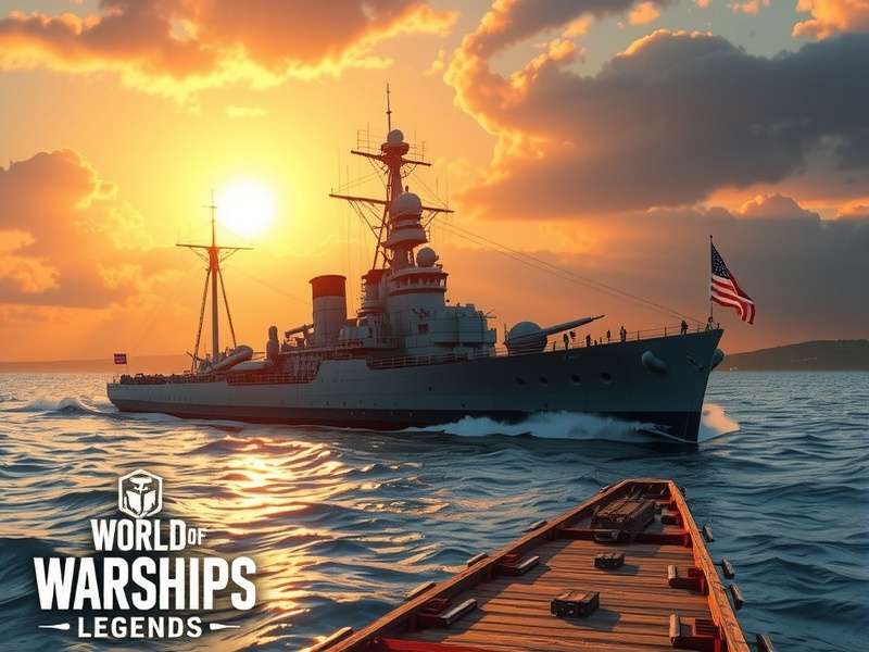 World of Warships Legends में Rhode Island युद्धपोत समुद्र में तोपों से फायरिंग करते हुए