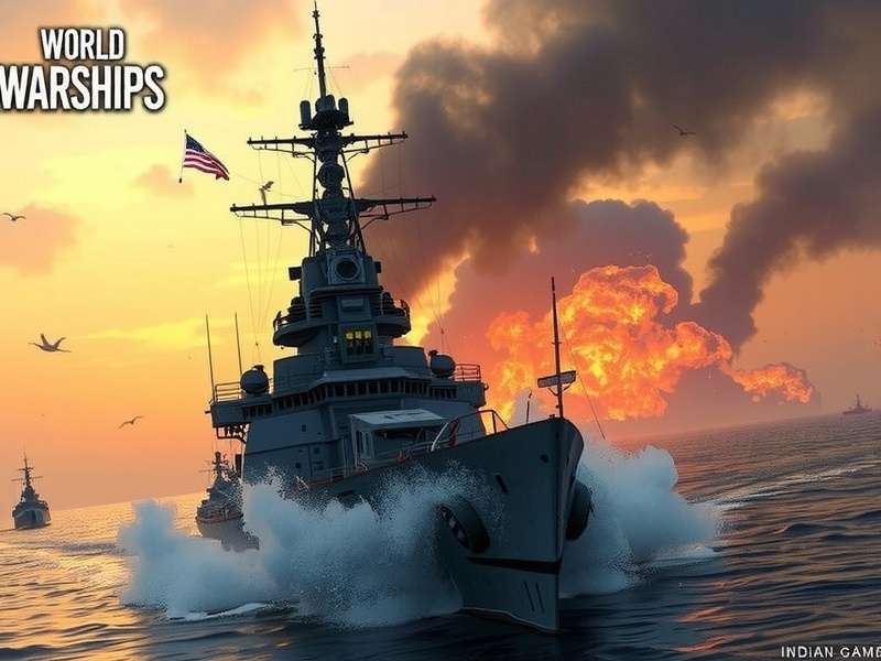वर्ल्ड ऑफ वॉरशिप्स में एक तीव्र नौसैनिक युद्ध का दृश्य