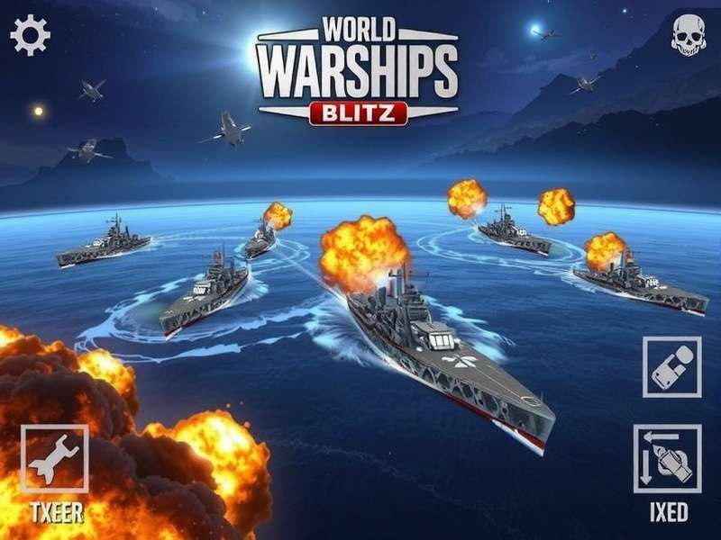 Dynamic fleet battle in World of Warships Blitz showing multiple ship types engaging