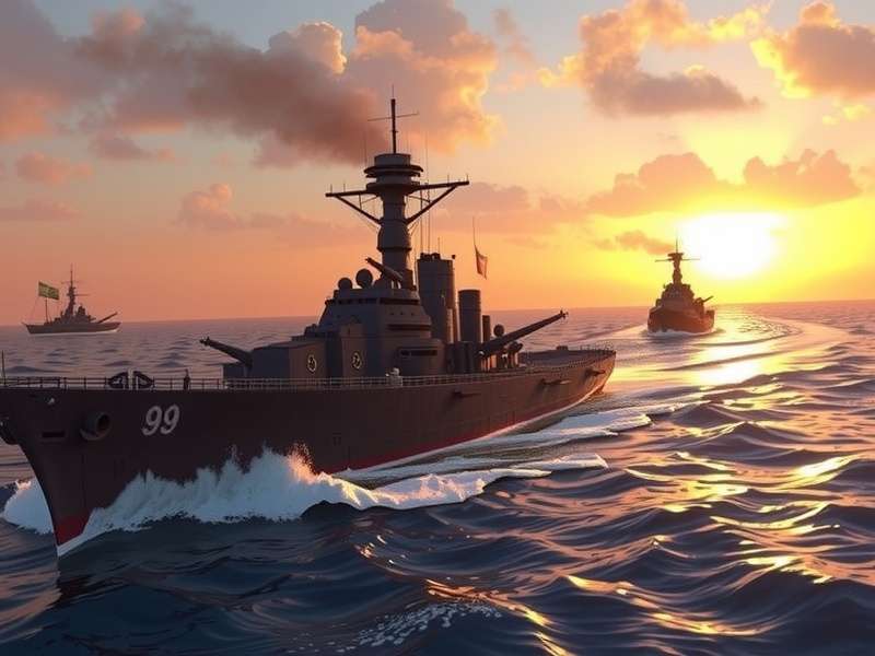 Battleship firing its main guns at sunset in World of Warships