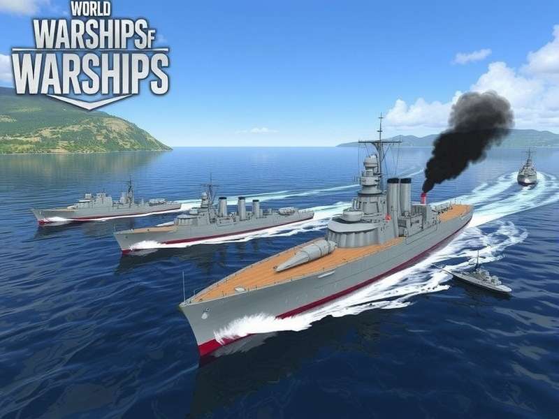 A dramatic fleet of World of Warships stylized battleships at sea during sunset