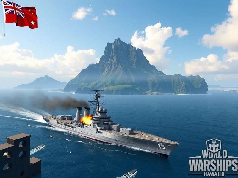 World of Warships Hawaii Island map overview showing Pacific battleground with lush islands and naval fleet