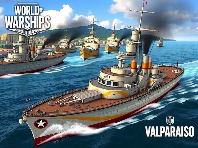 World of Warships Valparaiso port aerial view with battleships and cruisers in formation