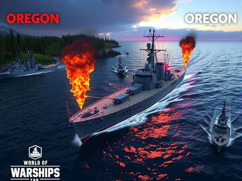 World Of Warships Oregon battleship concept art with ocean and naval battle backdrop
