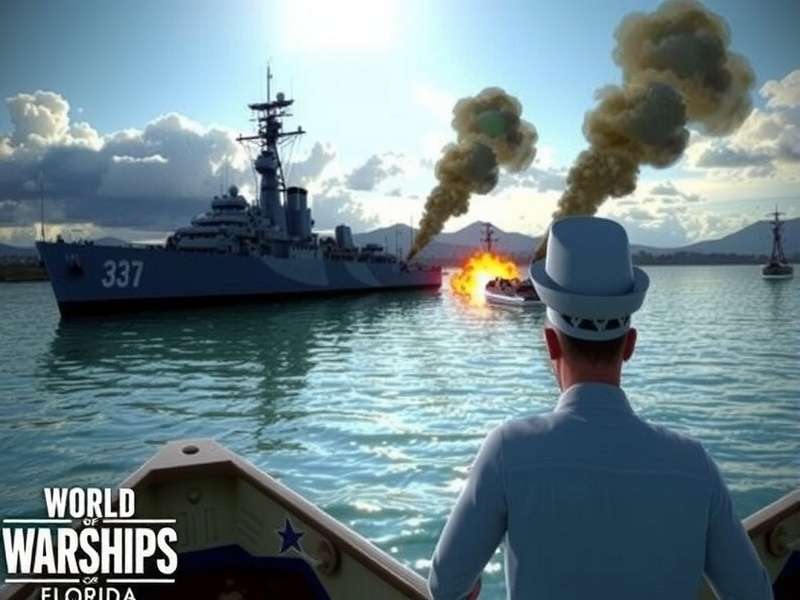World Of Warships Florida battleship sailing in open ocean at sunset