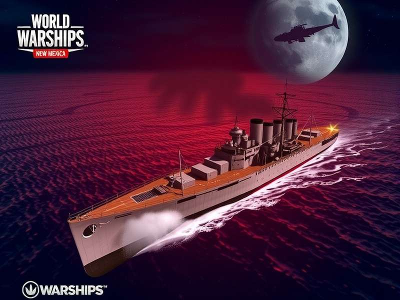 World of Warships New Mexico battleship at sea, full broadside showcase