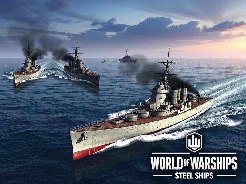 World of Warships Steel Ships fleet lineup including Stalingrad, Bourgogne, Shikishima, Ragnar, and Austin in a dramatic naval scene